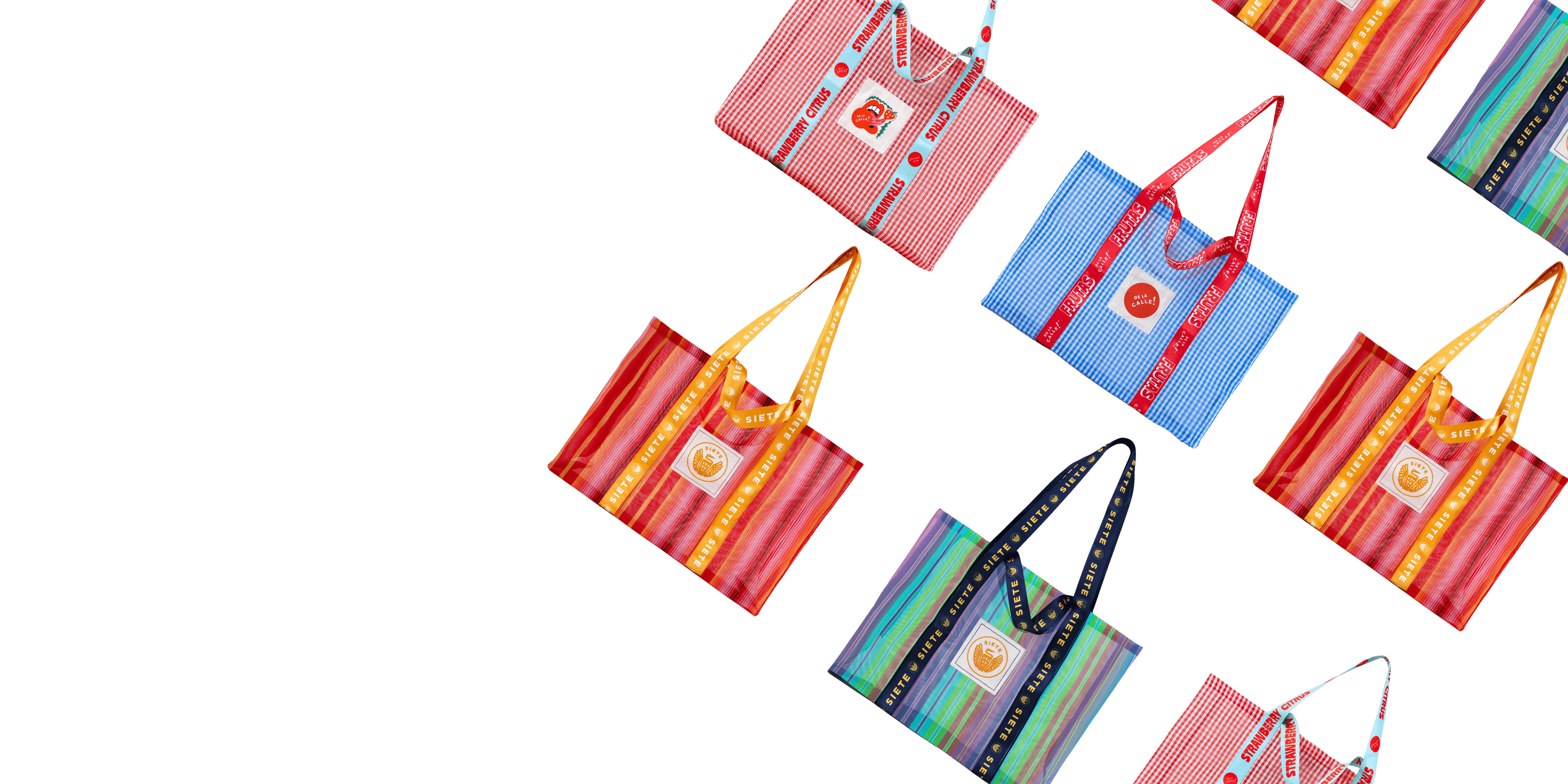 Custom branded tote bags with gingham pattern and strawberry citrus design